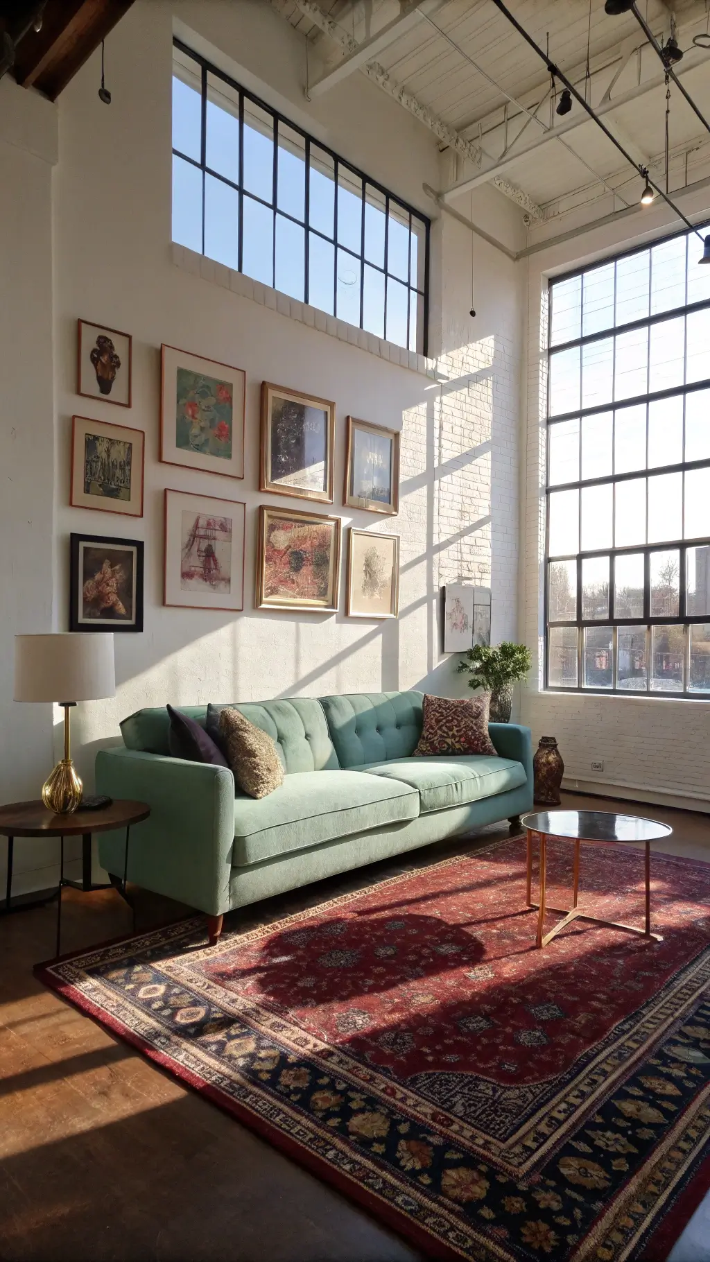 Bright living room with high ceilings, industrial windows, Persian rug, mint green mid-century sofa, brass accents, and African masks alongside modern art on ivory walls, softly lit.