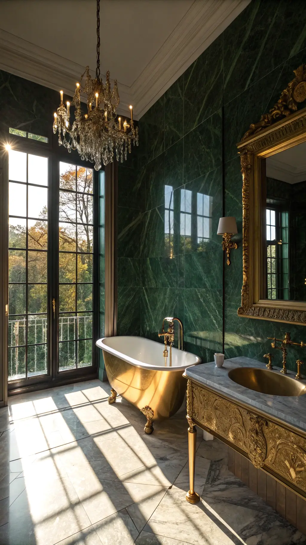 Luxurious emerald green and gold bathroom design