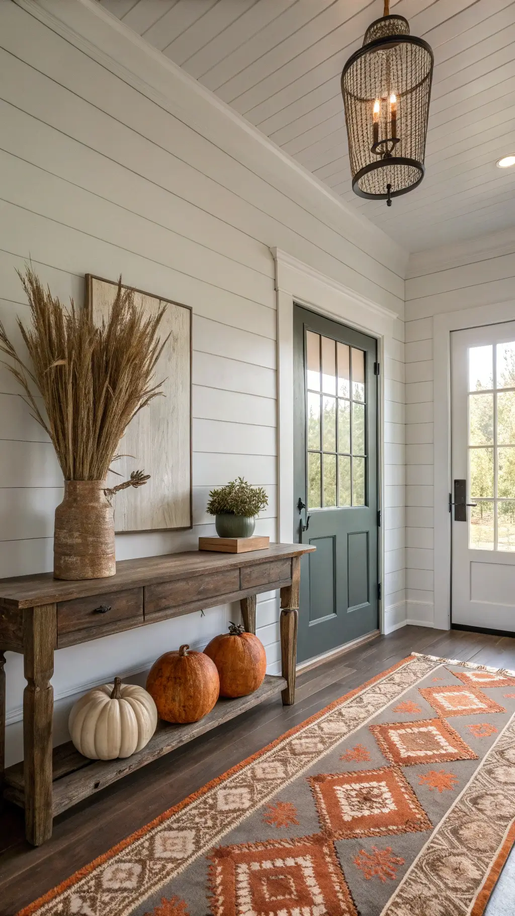 Contemporary farmhouse entrance featuring vaulted ceilings, shiplap walls, sunlight filtering through a Georgian door, rustic oak console with copper vase and dried wheat, vintage runners, and heirloom pumpkins in soft muted tones, captured in moody natural light.