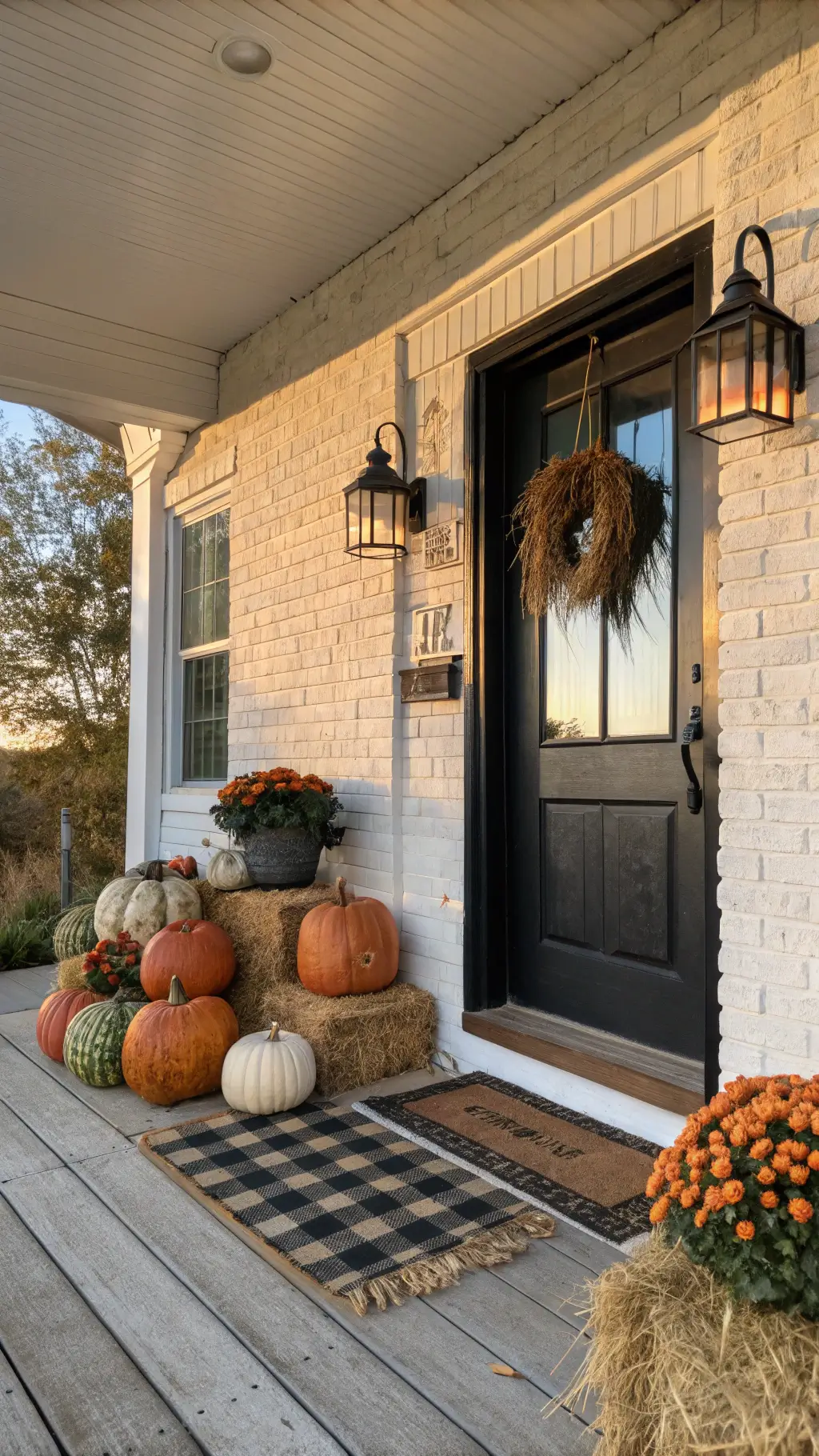 Cozy farmhouse porch at sunset with whitewashed brick, vintage lanterns, pumpkins, <a href=