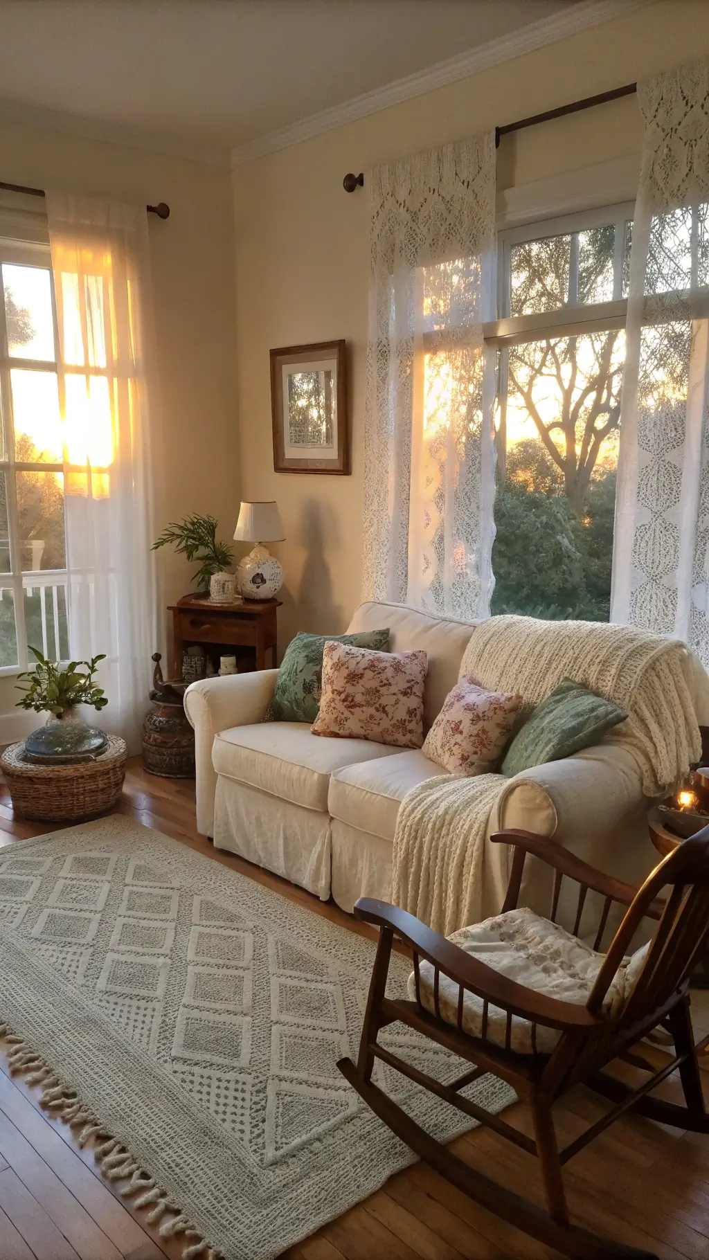 Granny Chic Decor: Vintage Cottage Charm Vintage-inspired living room with cream slipcovered sofa and wooden side tables