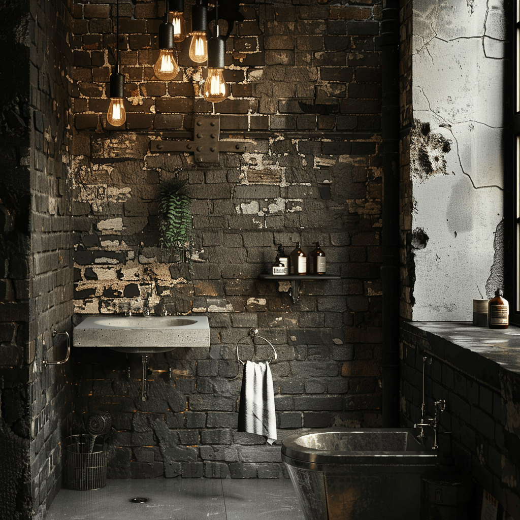Industrial bathroom with exposed brick, concrete floors, and metal fixtures highlighted by Edison bulb lighting