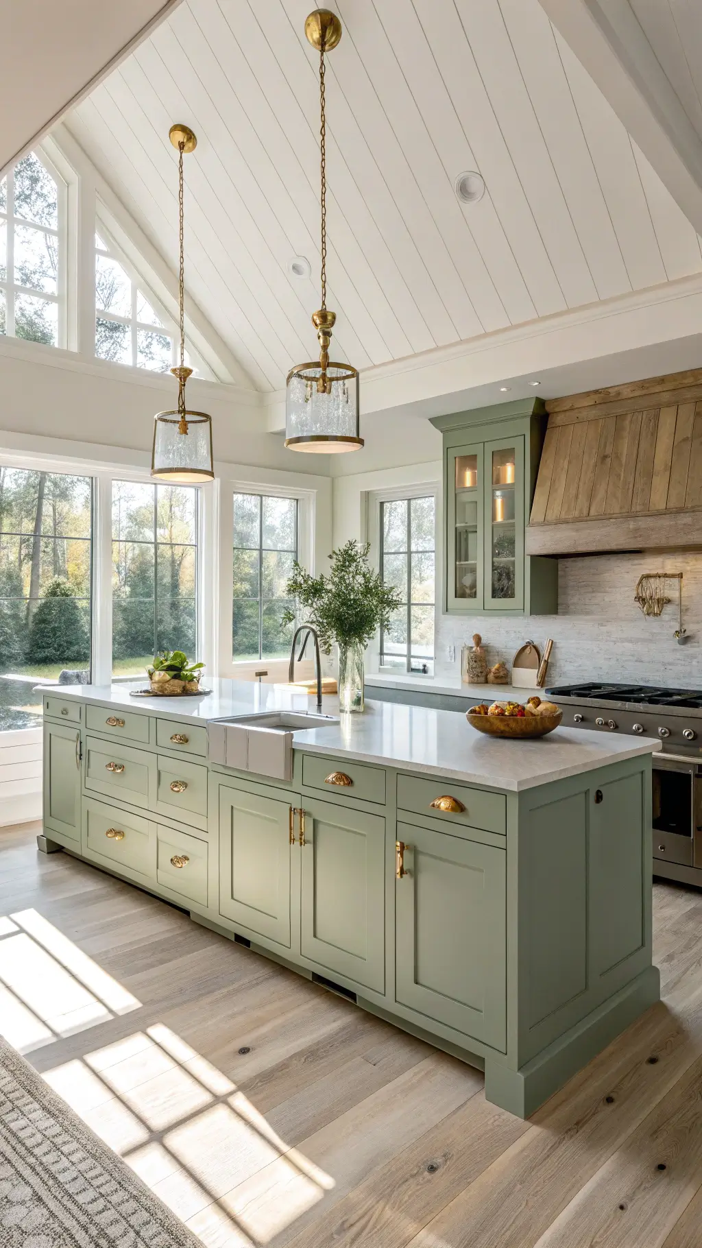 Modern farmhouse kitchen featuring sage green cabinets, brass accents, soapstone countertops, and white oak flooring illuminated by golden hour sunlight