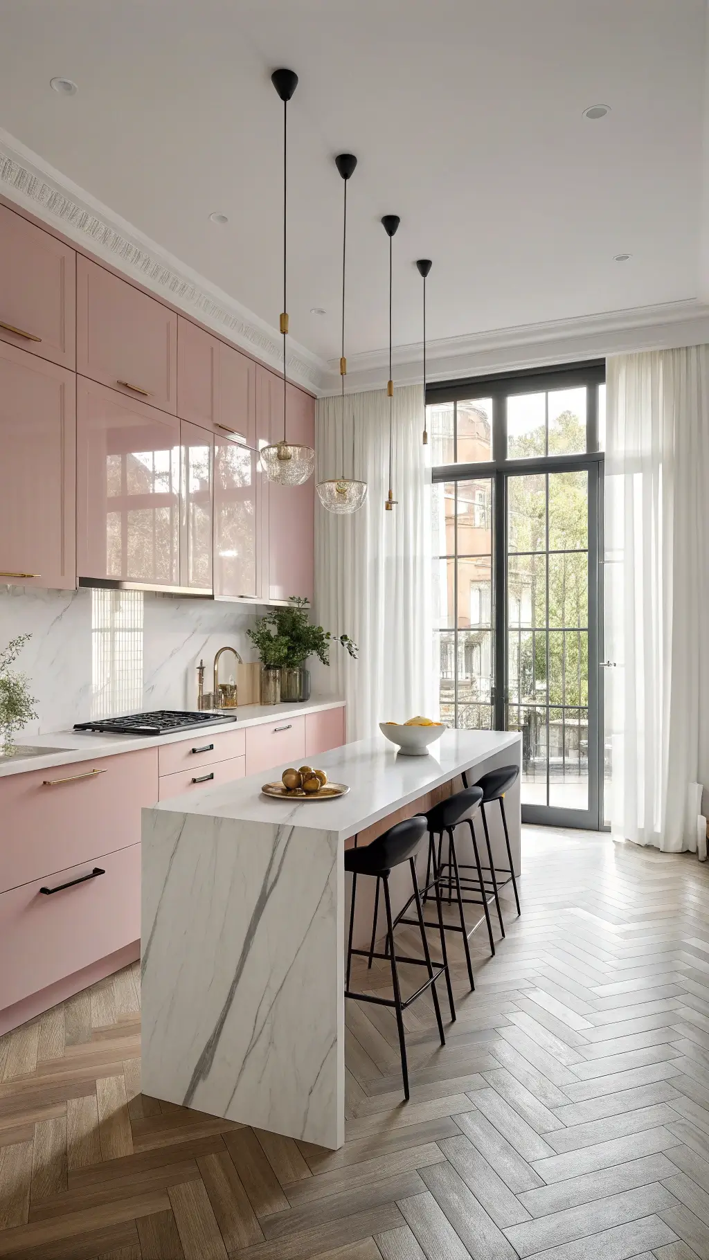 Elegant pink kitchen with warm lighting and stylish decor