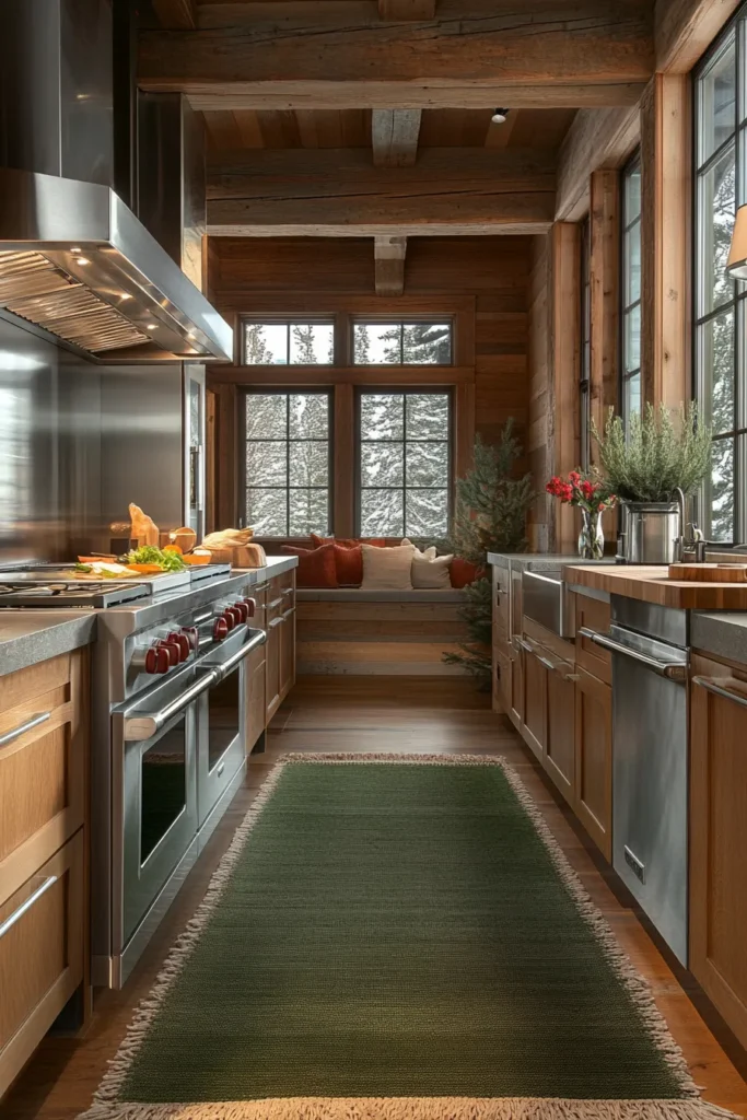 Sunlit modern rustic kitchen with exposed beams stone countertops and statement green rug
