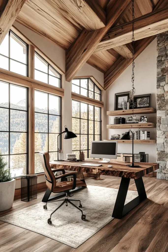 Minimalist mountain home office with large windows, natural elements, and tech integration