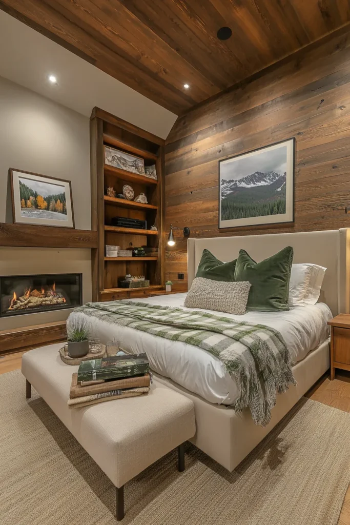 Cozy mountain retreat featuring wood textures, soft fabrics, and clever storage solutions