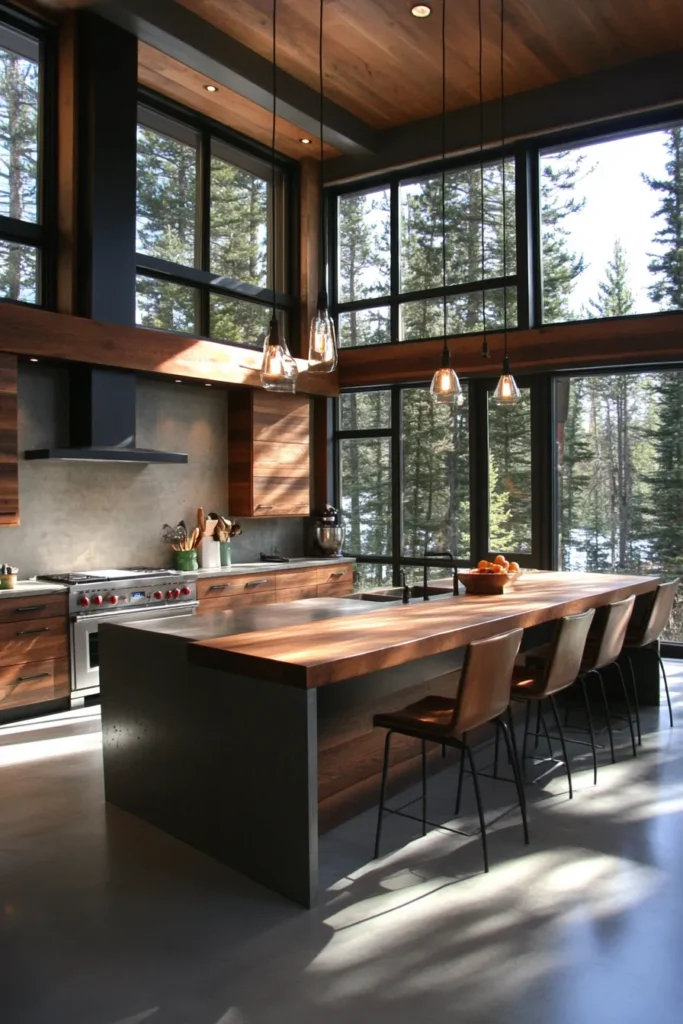 Spacious modern mountain kitchen with natural light, forest views, and organic textures
