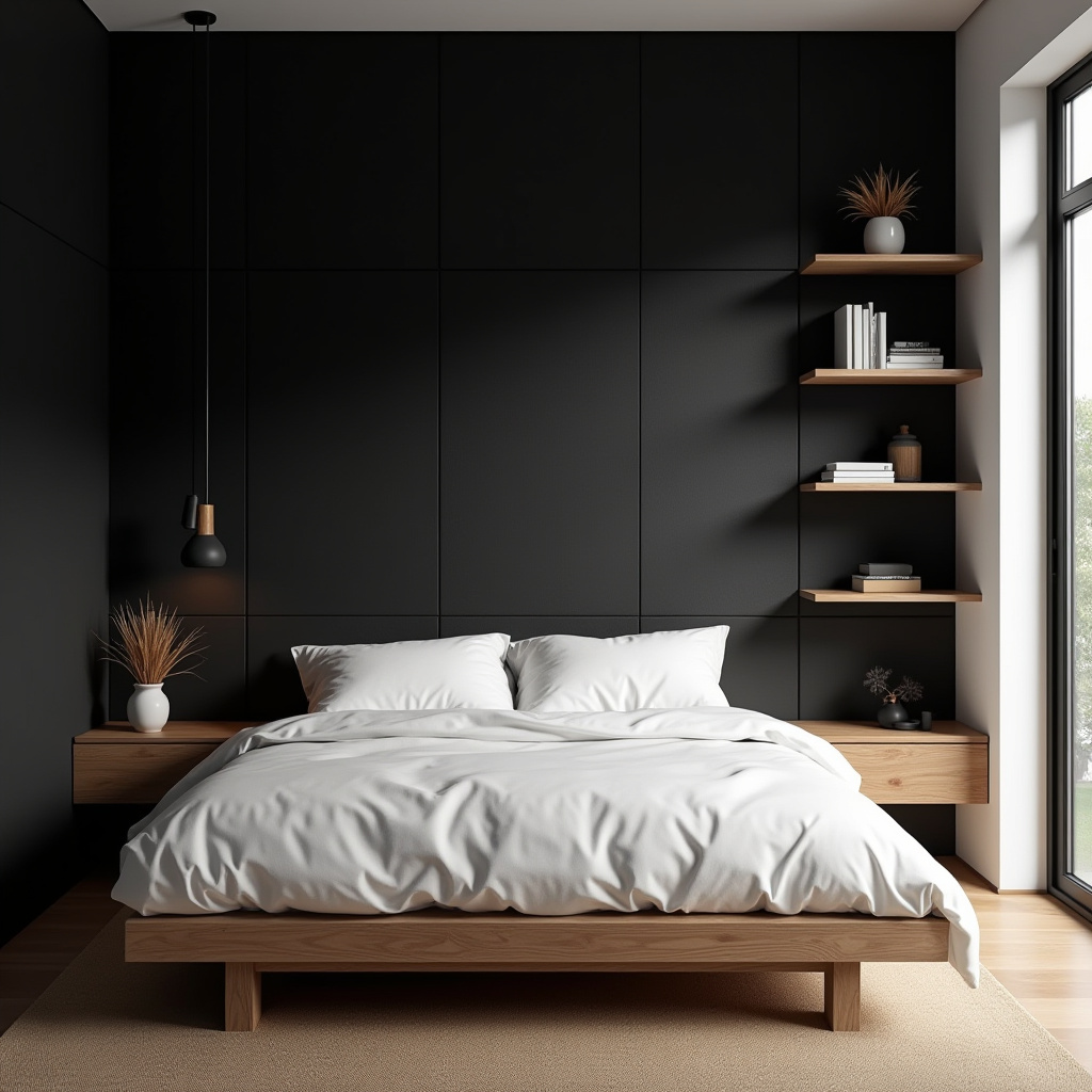 Minimalist bedroom with black wall and floating shelves