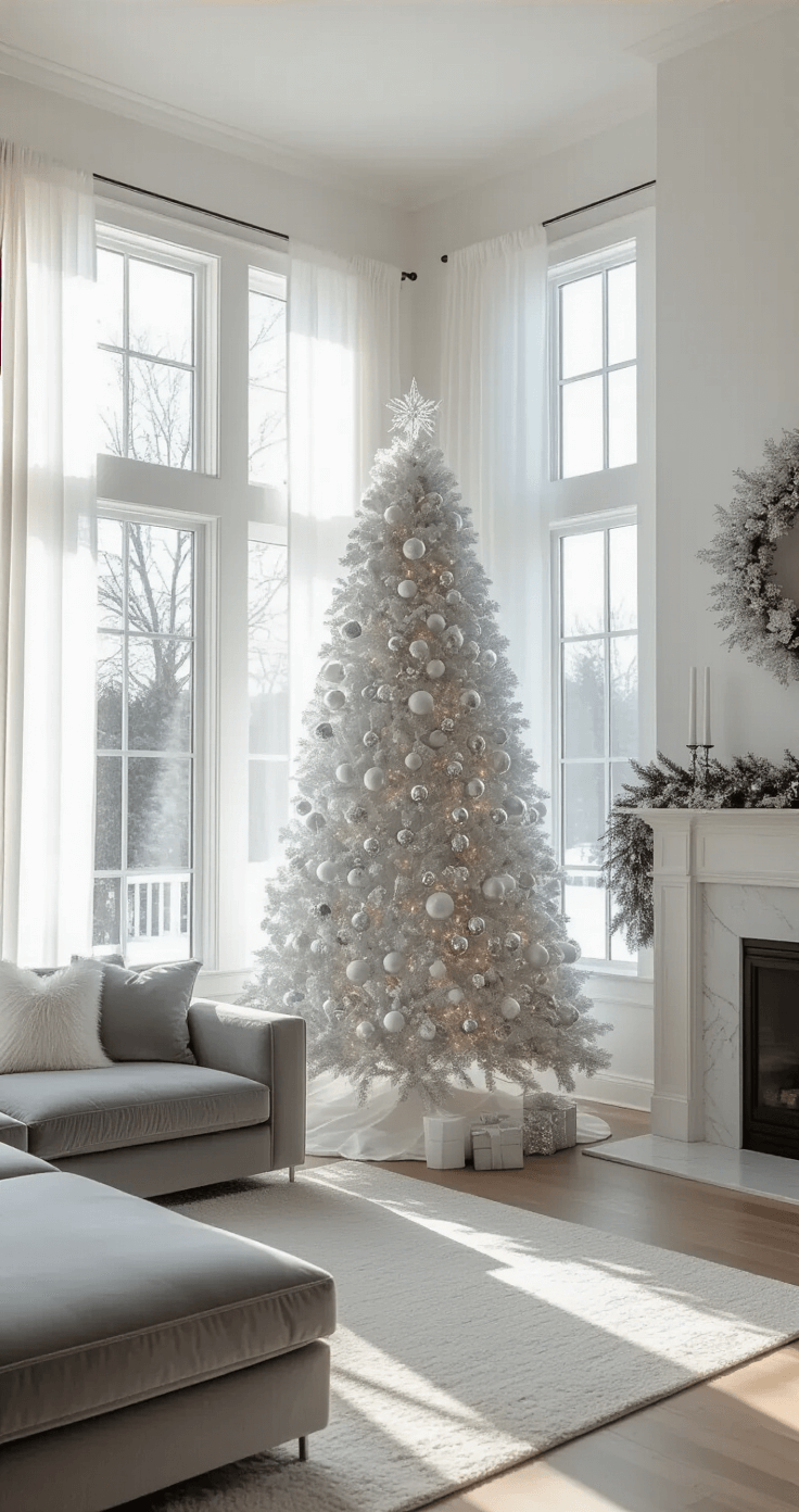 A cozy living room featuring a 9-foot flocked Christmas tree adorned with oversized mercury glass ornaments and silver snowflakes, illuminated by late afternoon winter light streaming through sheer white curtains from a large bay window. The modern grey velvet sectional is positioned to the left, and a white marble fireplace with silver accents is on the right, creating an ethereal atmosphere with cool color tones and soft shadows.