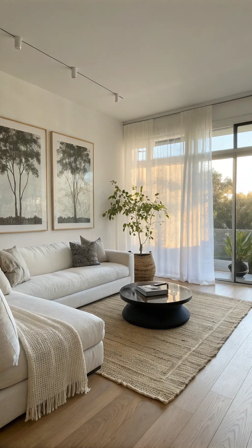 Peaceful living room bathed in morning light with neutral linen curtains, ivory sofa, black stone coffee table on natural jute rug, abstract wall art, and bamboo plant in ceramic pot