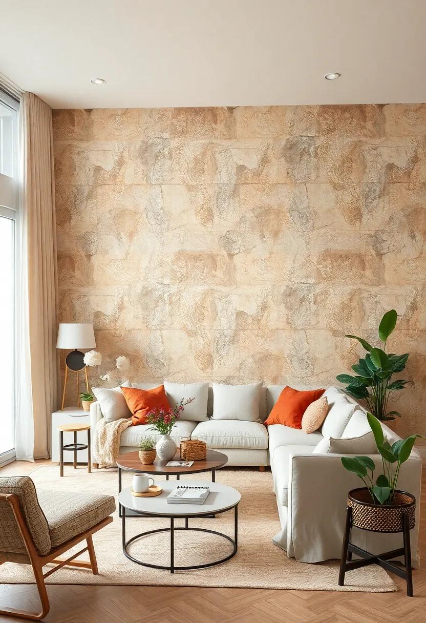 Warm Earth-Toned Textured Wallpaper Enriching Cozy Apartment Living Rooms With Natural, Inviting Atmospheres