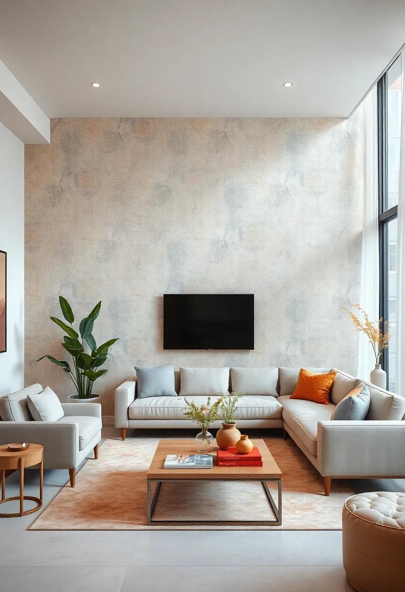 Soft Pastel Textured Wallpaper Enhancing Tranquil and Airy Contemporary Apartment Living Spaces With Subtle Charm