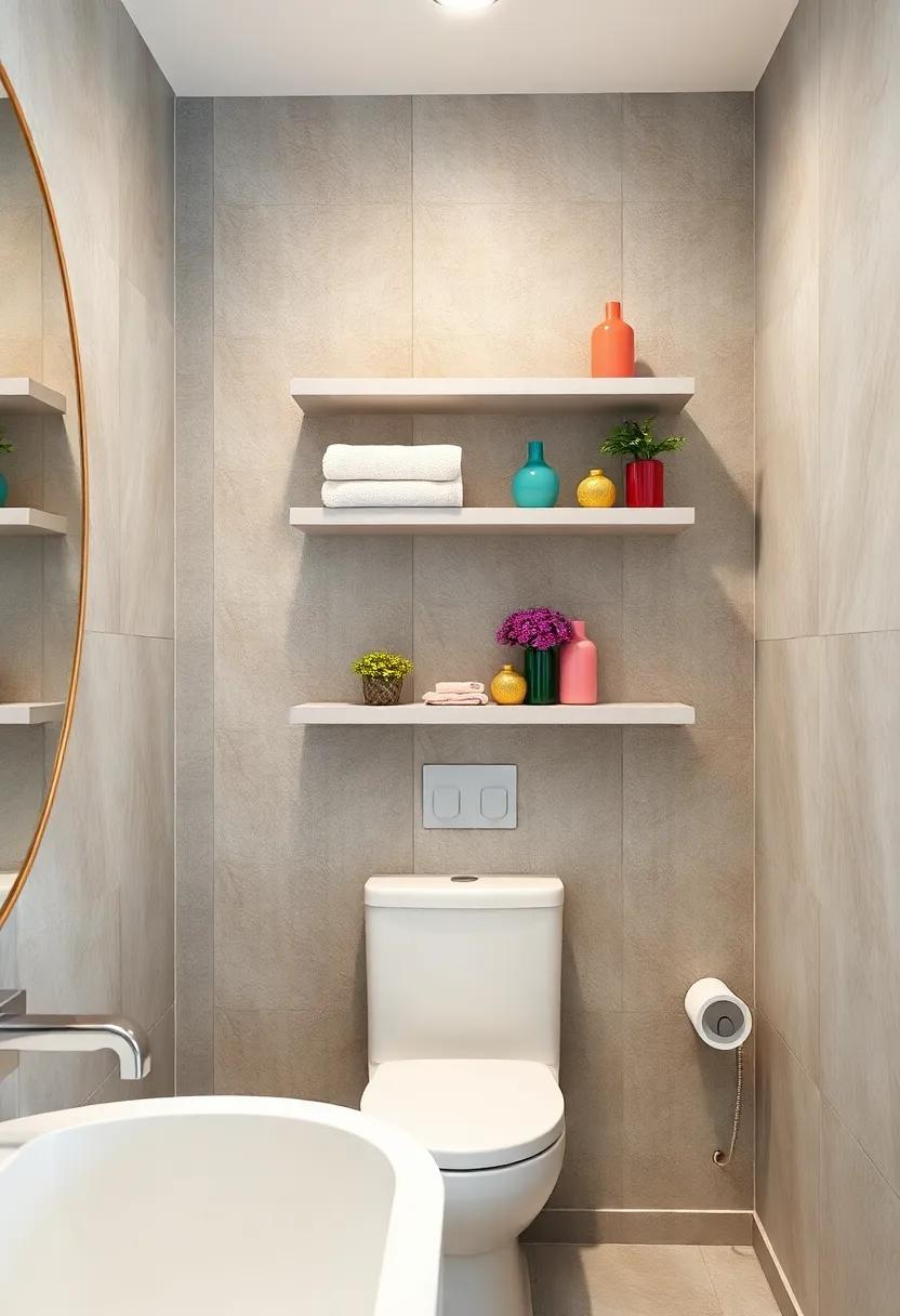 Arrange Soft Pastel Floating Shelves Displaying Colorful Hand Towels And Petite Vases