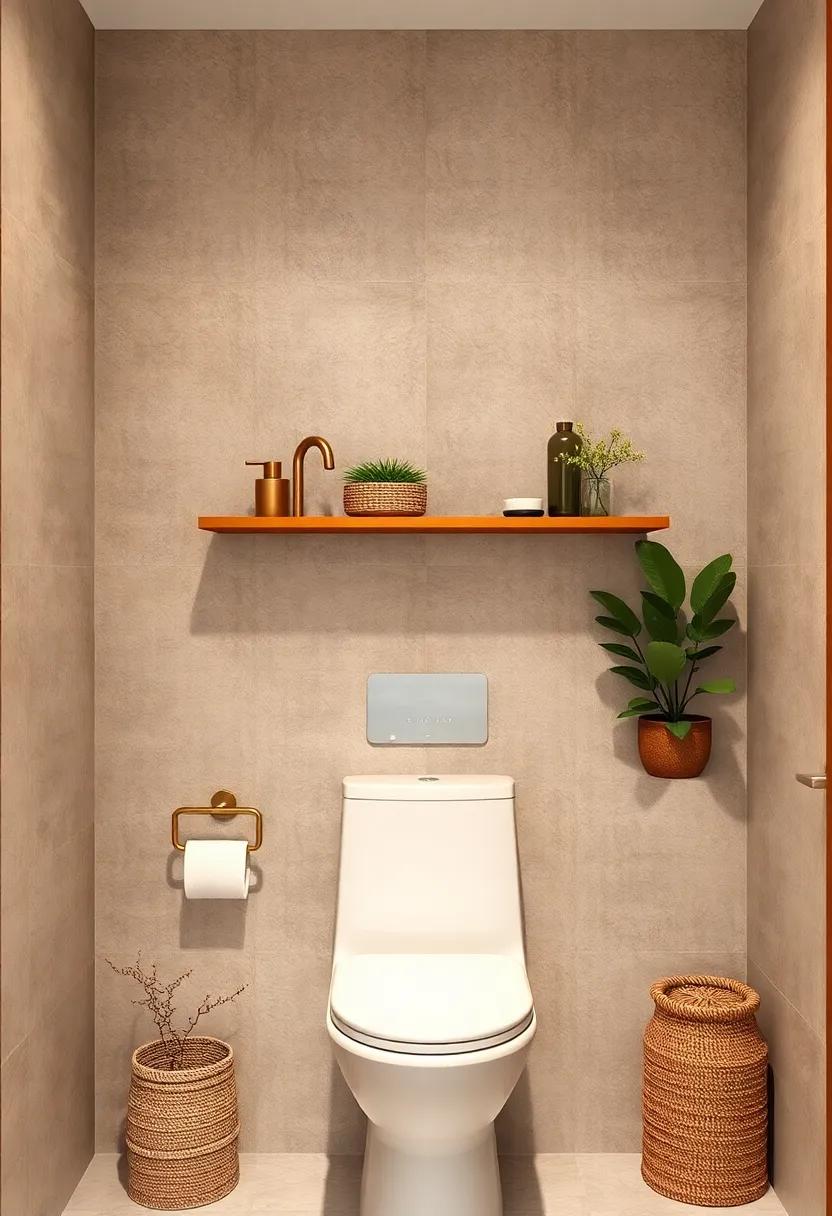 Combine Warm Brass Fixtures And Geometric Shelves To Bring Art Deco Inspiration Above The Toilet
