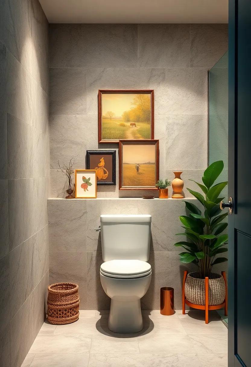 Display Vintage Art Prints And Small Sculptures To Add Character Above The Toilet
