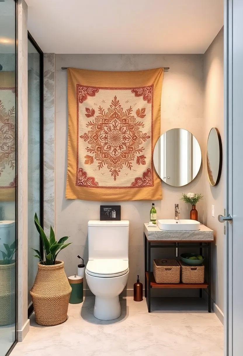 Hang An Artistic Tapestry With Earthy Tones To Soften The Bathroom Ambiance