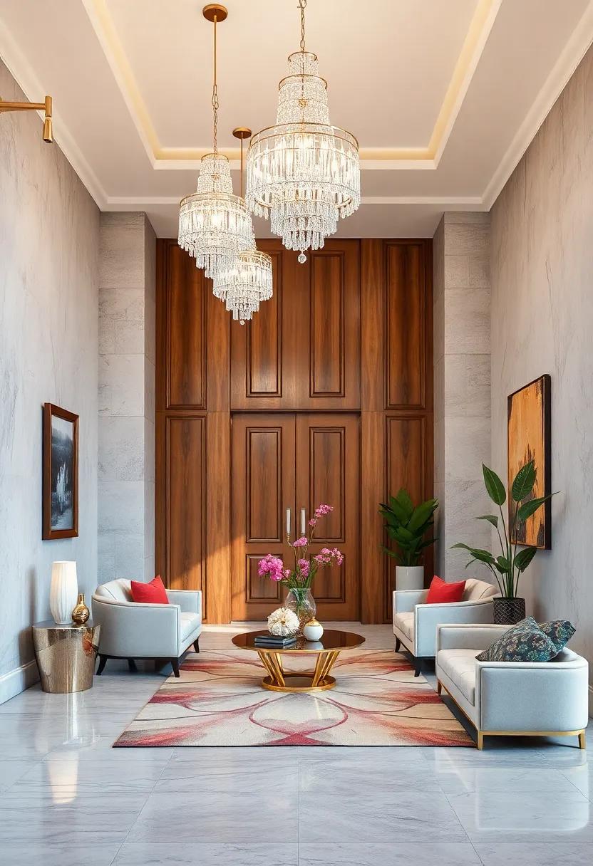 Crystal Chandeliers Casting Sparkling Light Over a Richly Textured Entryway Arrangement