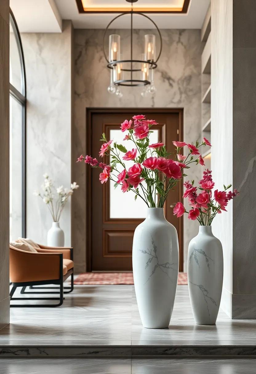 Delicate Porcelain Vases with Fresh Seasonal Flowers Bringing Freshness Into the Luxury Entry