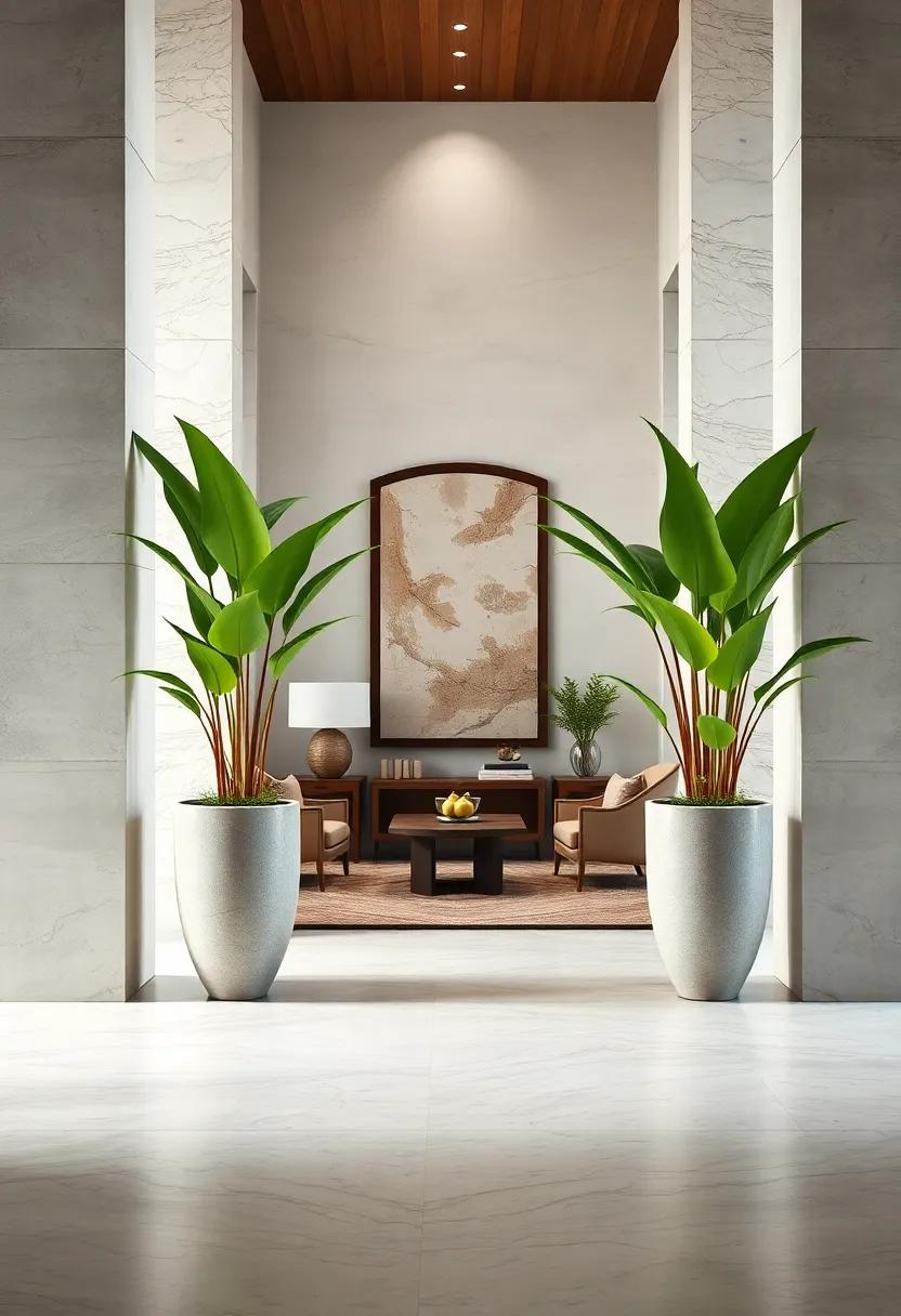 Sculptural Planters Holding Lush Greenery That Frames an Elegant Yet Inviting Entry Decor