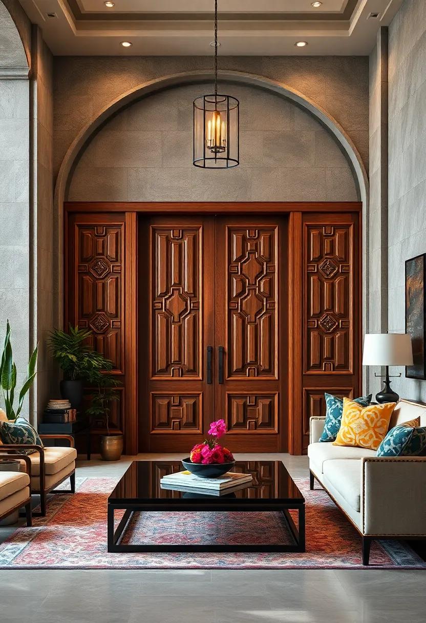Timeless Wooden Doors with Carved Details Inviting Guests Through an Aura of Sophistication