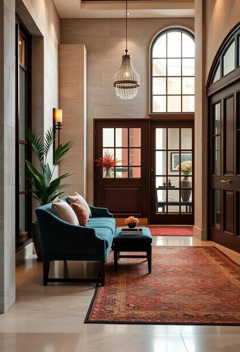 Velvet Upholstered Benches Offering Both Comfort and Regal Charm by the Front Door