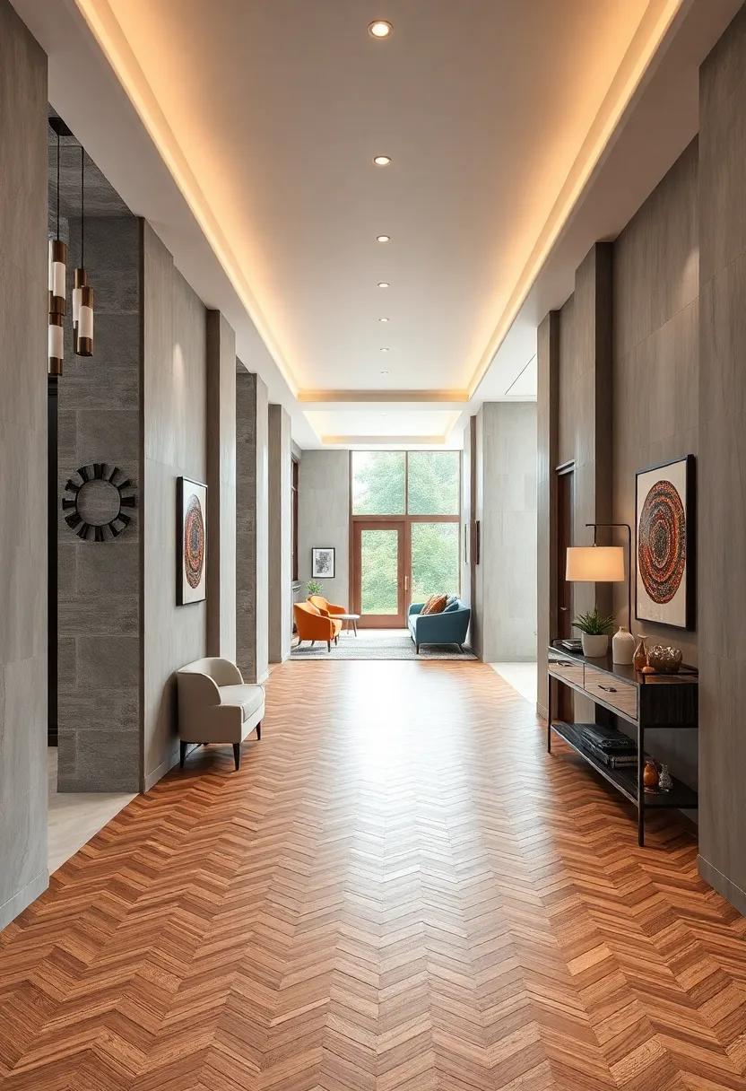 Aerial View of an Expansive Hallway Capturing the Artistic Symmetry and Precision Placement of Herringbone Wood Panels