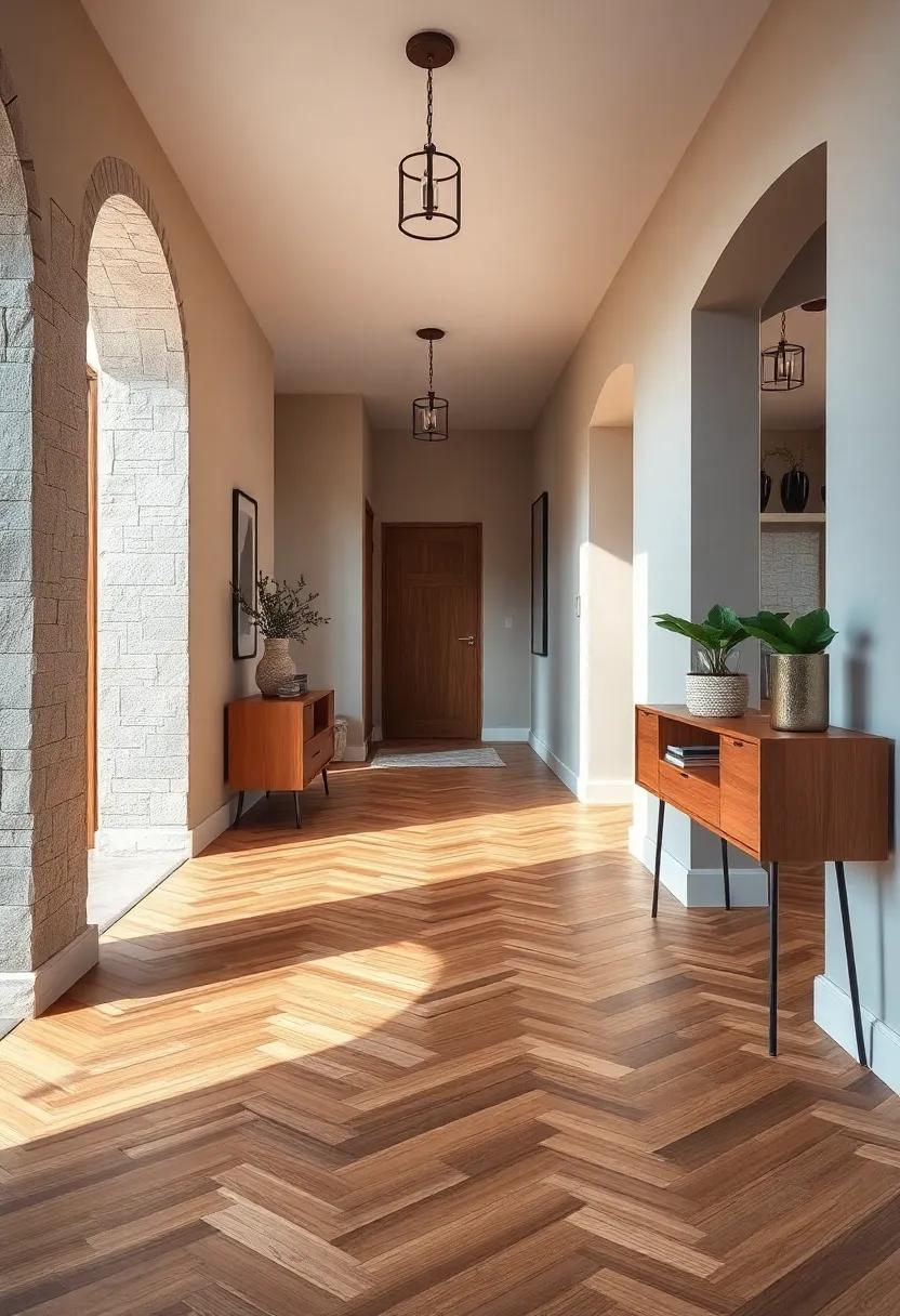 Cozy Hallway Ambiance Created by Soft Lighting Emphasizing the Depth and Movement Within Herringbone Wood Flooring