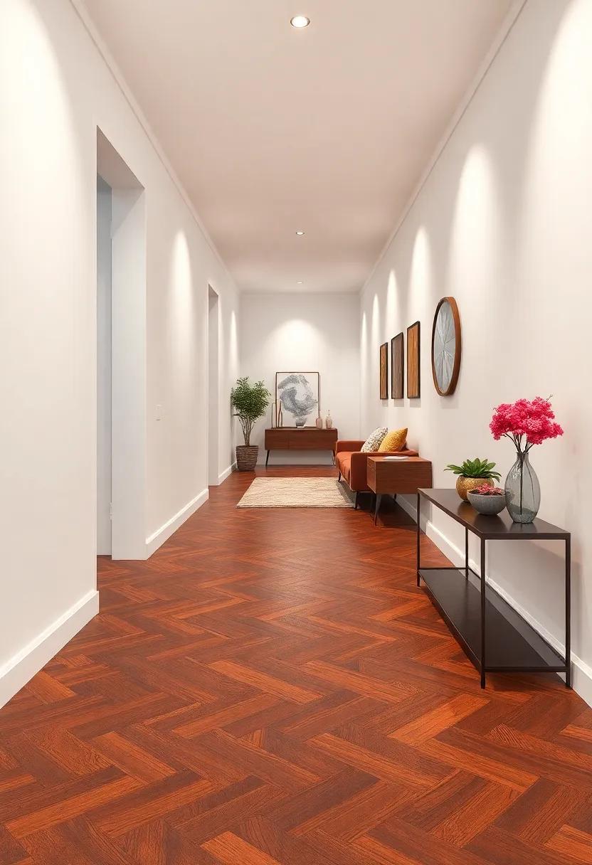 A Minimalist Hallway with Crisp White Walls and the Rich Contrast of Dark Herringbone Wood Flooring Accentuated by Spotlights