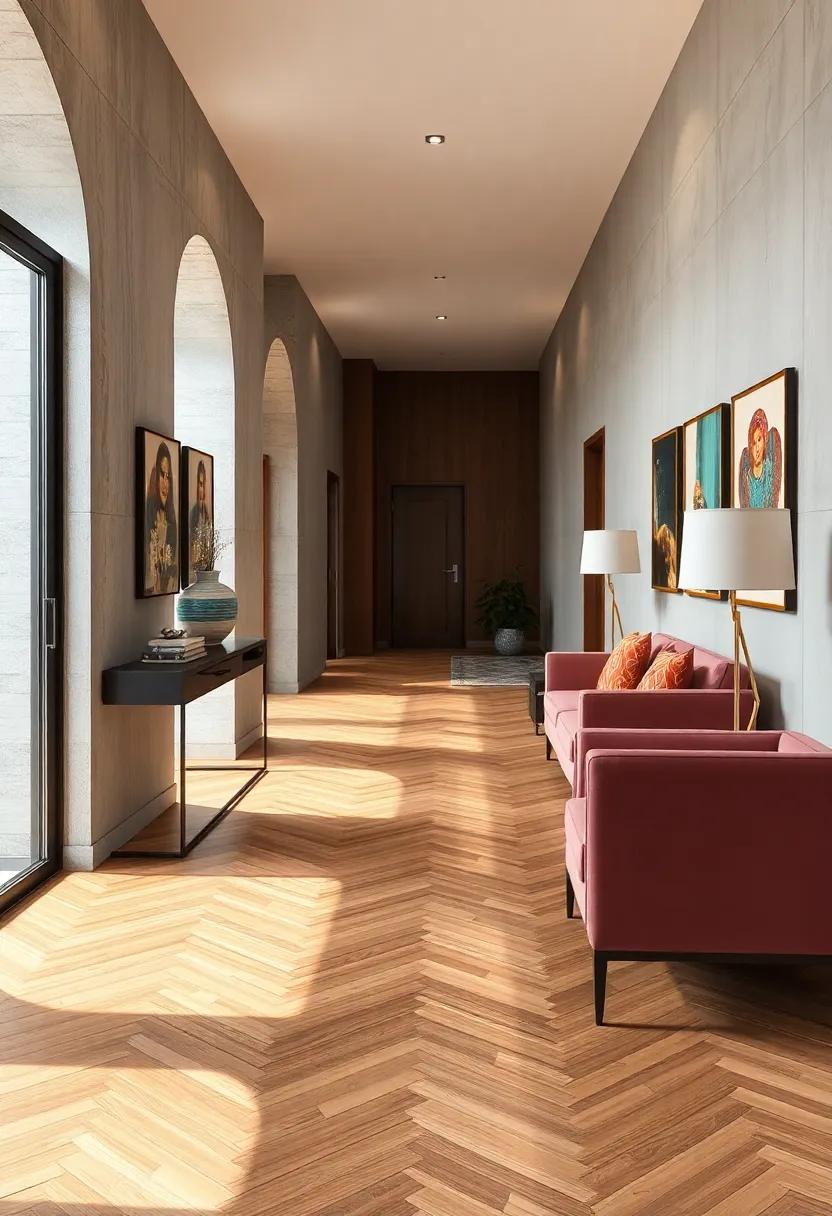 Modern Hallway Showcasing the Fusion of Classic Herringbone Flooring and Sleek, Contemporary Furniture