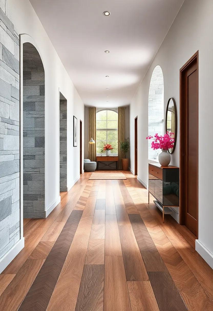 Monochromatic Hallway with Contrasting Light and Dark Wood Herringbone Floors Creating Visual Depth