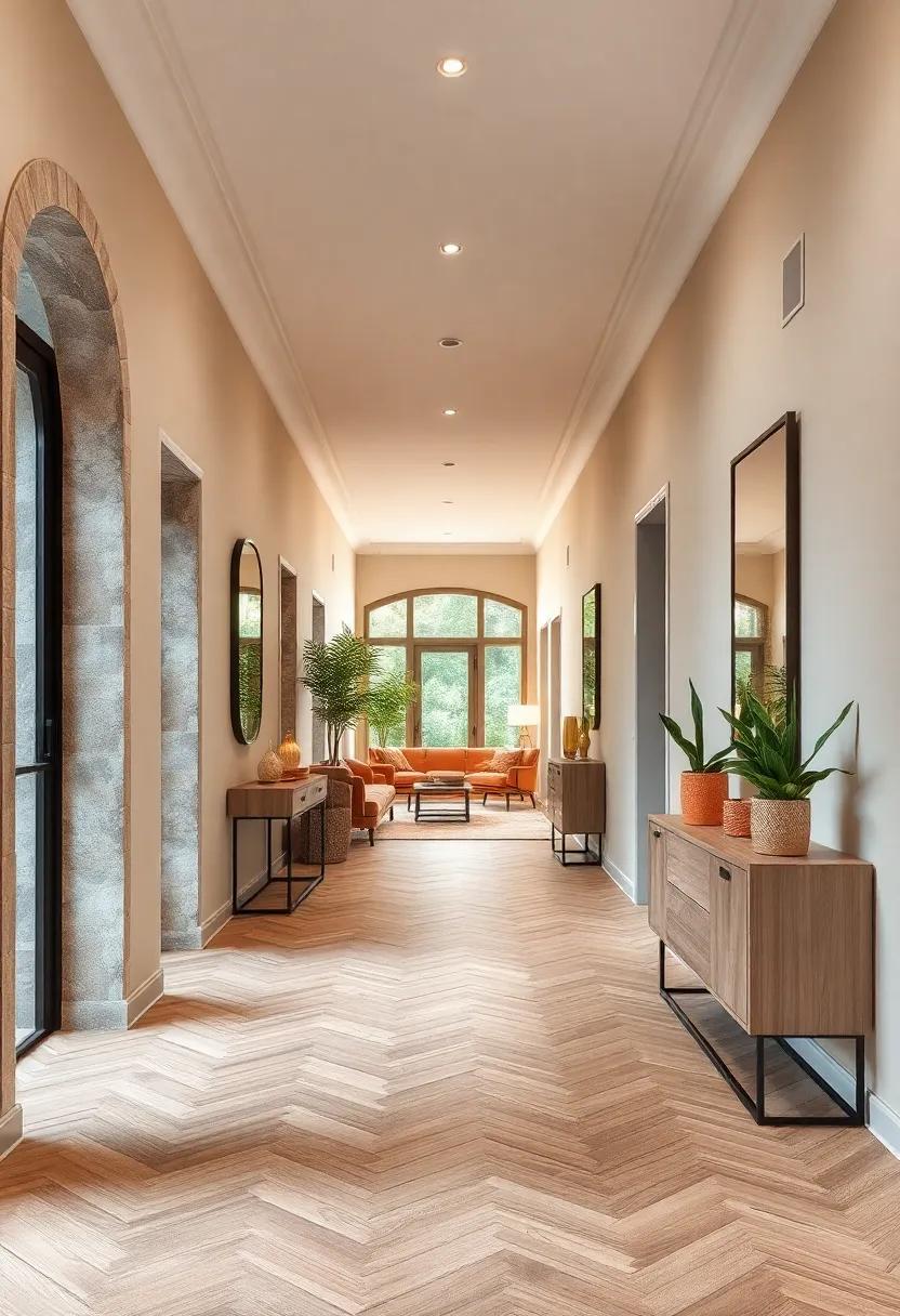 Muted Color Palette Hallway Highlighting the Natural Variations and Subtle Elegance of Herringbone Wood Patterns