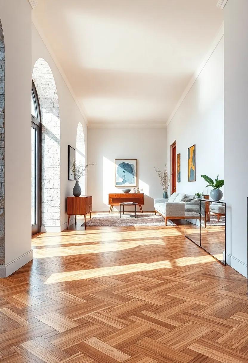 Natural Light Casting Gentle Shadows Over Crisp, Geometric Herringbone Wood Floors in a Spacious Hallway