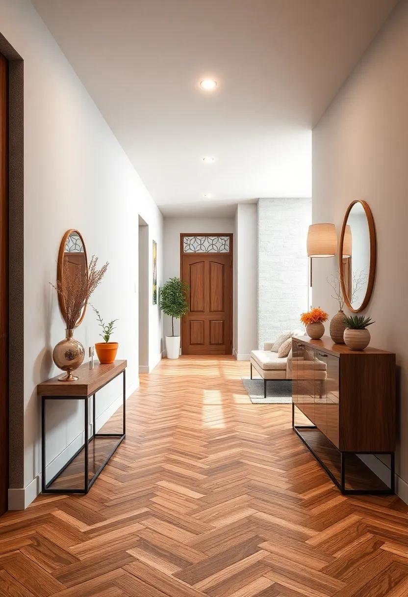 Serene Hallway with Neutral Tones and Gentle Textures Complementing the Textural Contrast of Herringbone Wood Floors
