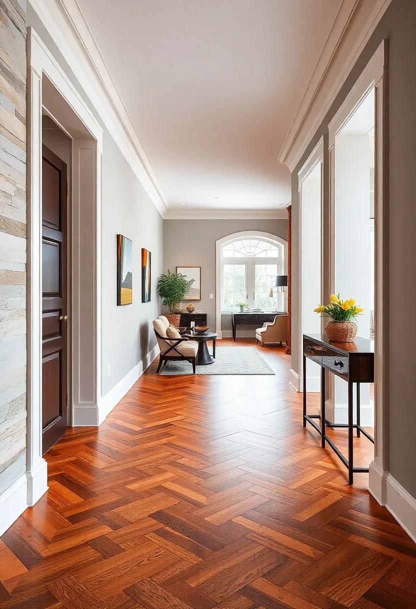 Traditional Hallway Setting with Elegant Crown Molding Framing the Striking Visual Impact of Herringbone Wood Floors