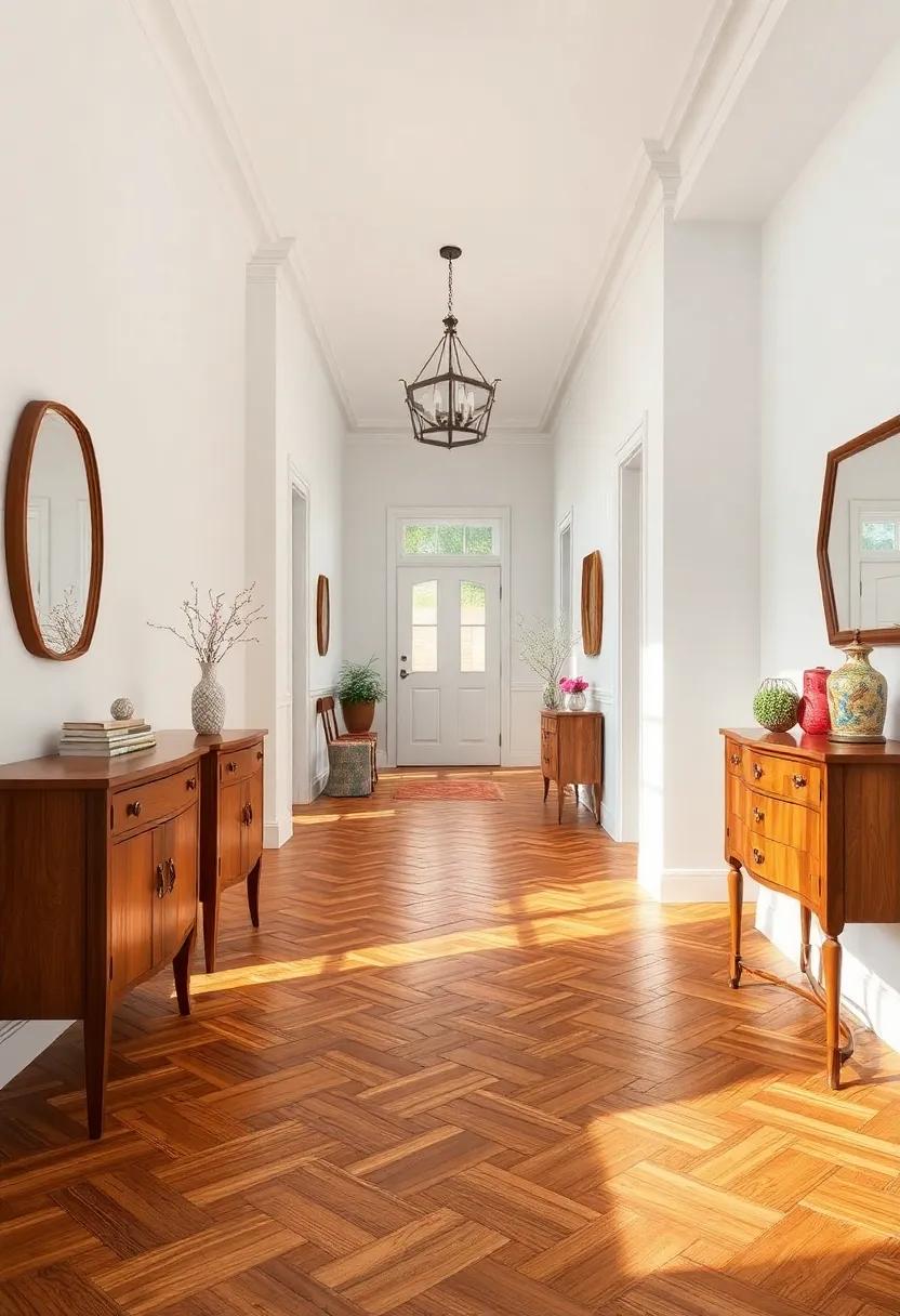 Vintage-Inspired Hallway Design Enhanced by Timeless Herringbone Wood Flooring and Antique Furnishings