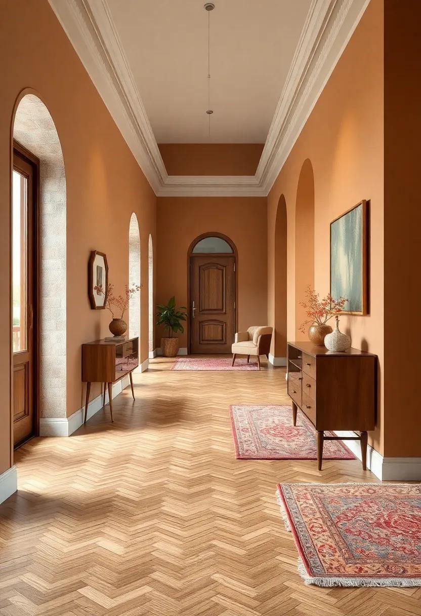 Warm Autumn Tones in a Hallway with Herringbone Wood Floors Complementing Earthy Wall Paints and Soft Rugs