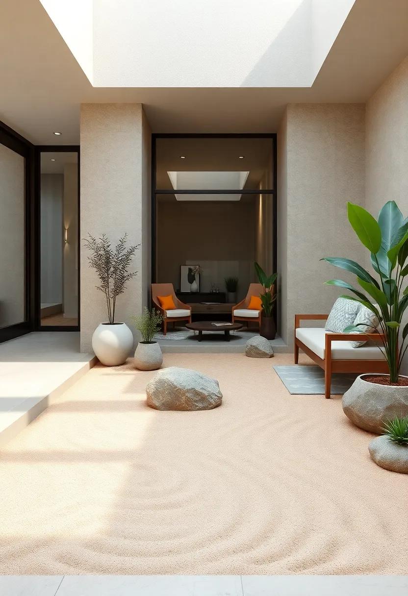 The Gentle Flow of Raked Sand Patterns Guiding Quiet Reflection in a Serene Outdoor Space