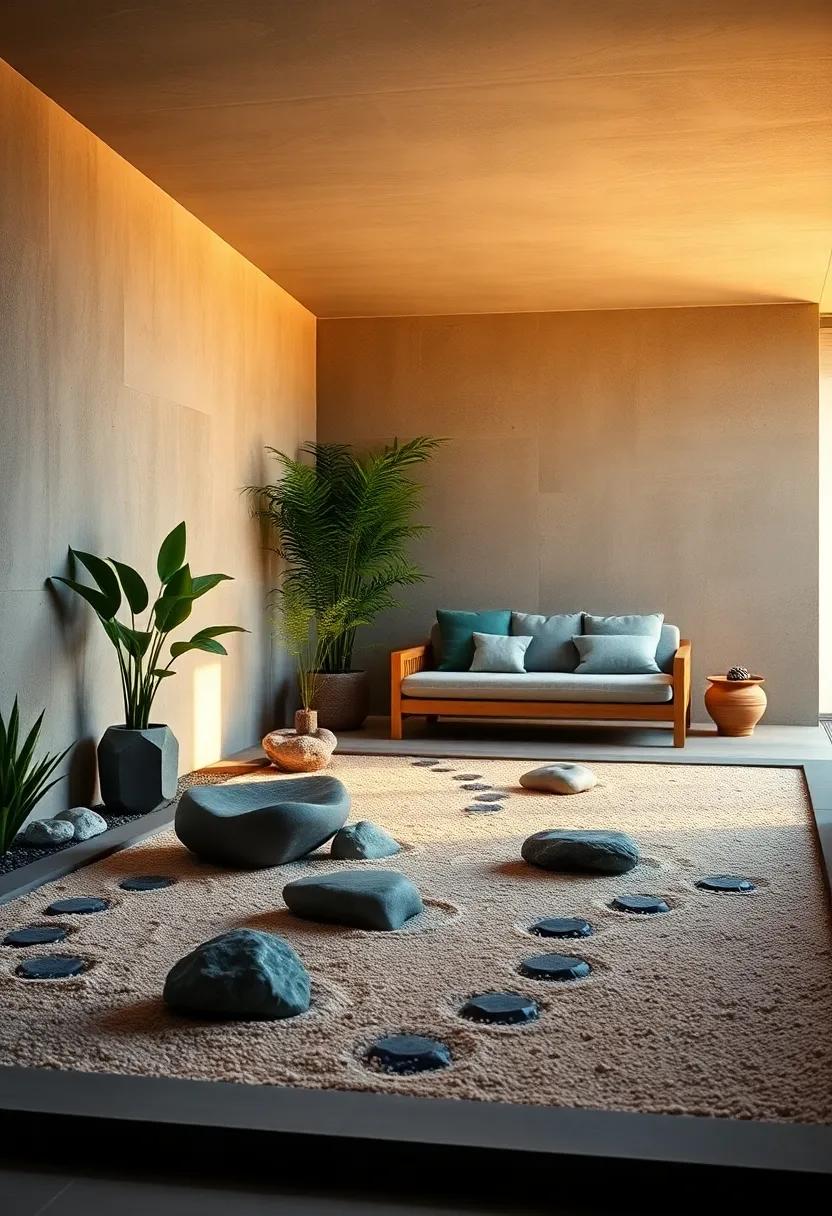 Twilight Setting Highlighting Shadows Cast by Stones and Sand Patterns in a Zen Retreat