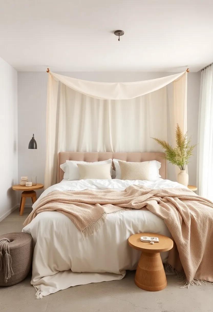 Dreamy Sleep Space Highlighted by Cotton Muslin Bed Canopy and Handwoven Throws in Soft Beige and Pale Stone Shades
