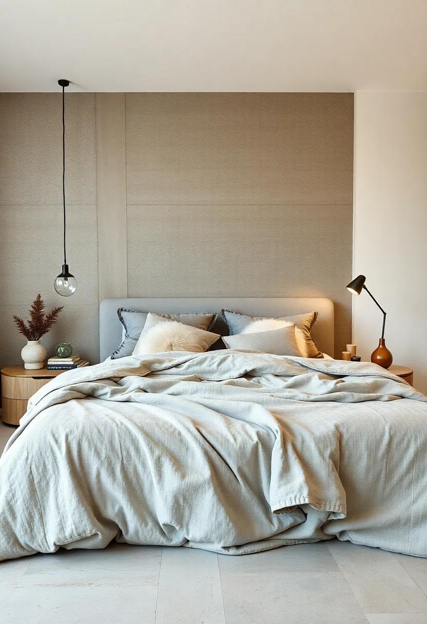 Earth-Toned Serene Bedroom Composed of Cotton Throws and Faux Fur Pillows Nested in Muted Gray and Soft Cream Hues