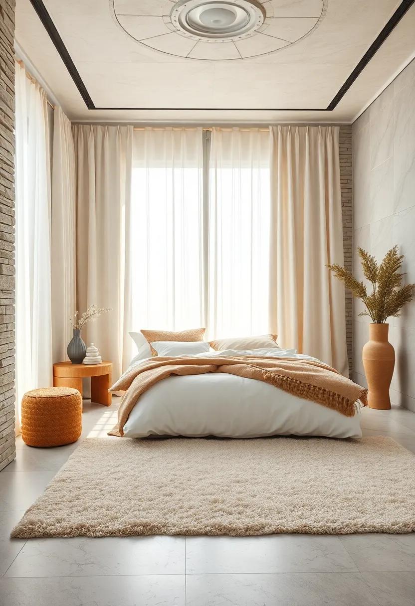 Gentle Interior With Layered Cream Draperies and Plush Wool Area Rugs Invoking Calmness Through Soft Textural Contrasts