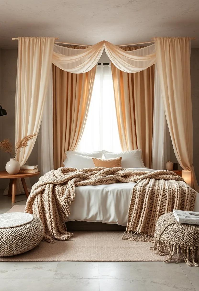 Minimalist Bedroom Featuring Drape Canopies and Chunky Knit Blankets in Earthy Beige Palette for Soothing Ambiance