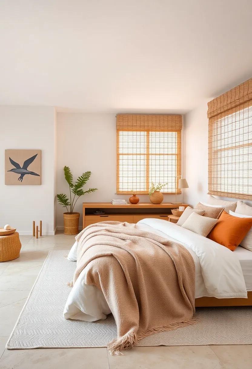 Natural Fiber Accents Featuring Bamboo Blinds and Alpaca Wool Blankets Delivering Subtle Texture and Warm Neutral Colors