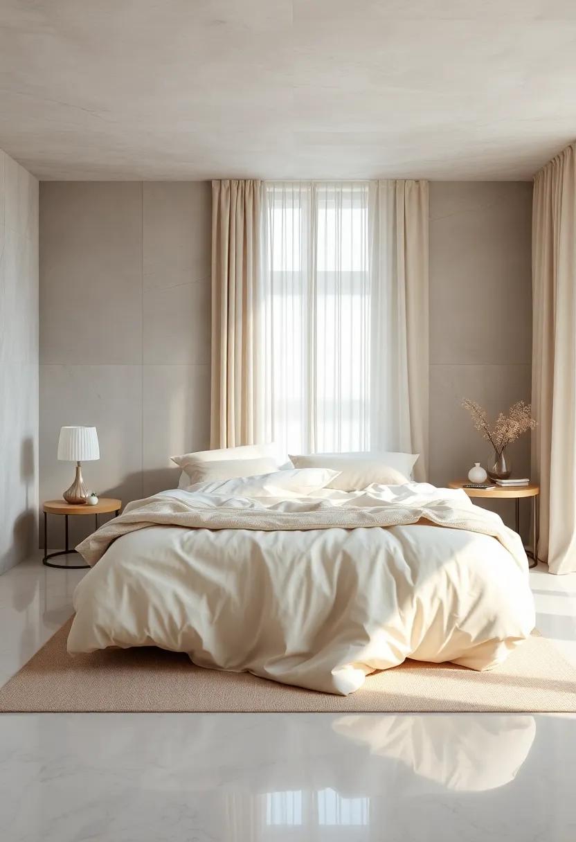 Peaceful Neutral Bedroom Featuring Fluffy Duvet and Linen Upholstered Walls Framed by Sheer Drapes in Pale Beige Shades