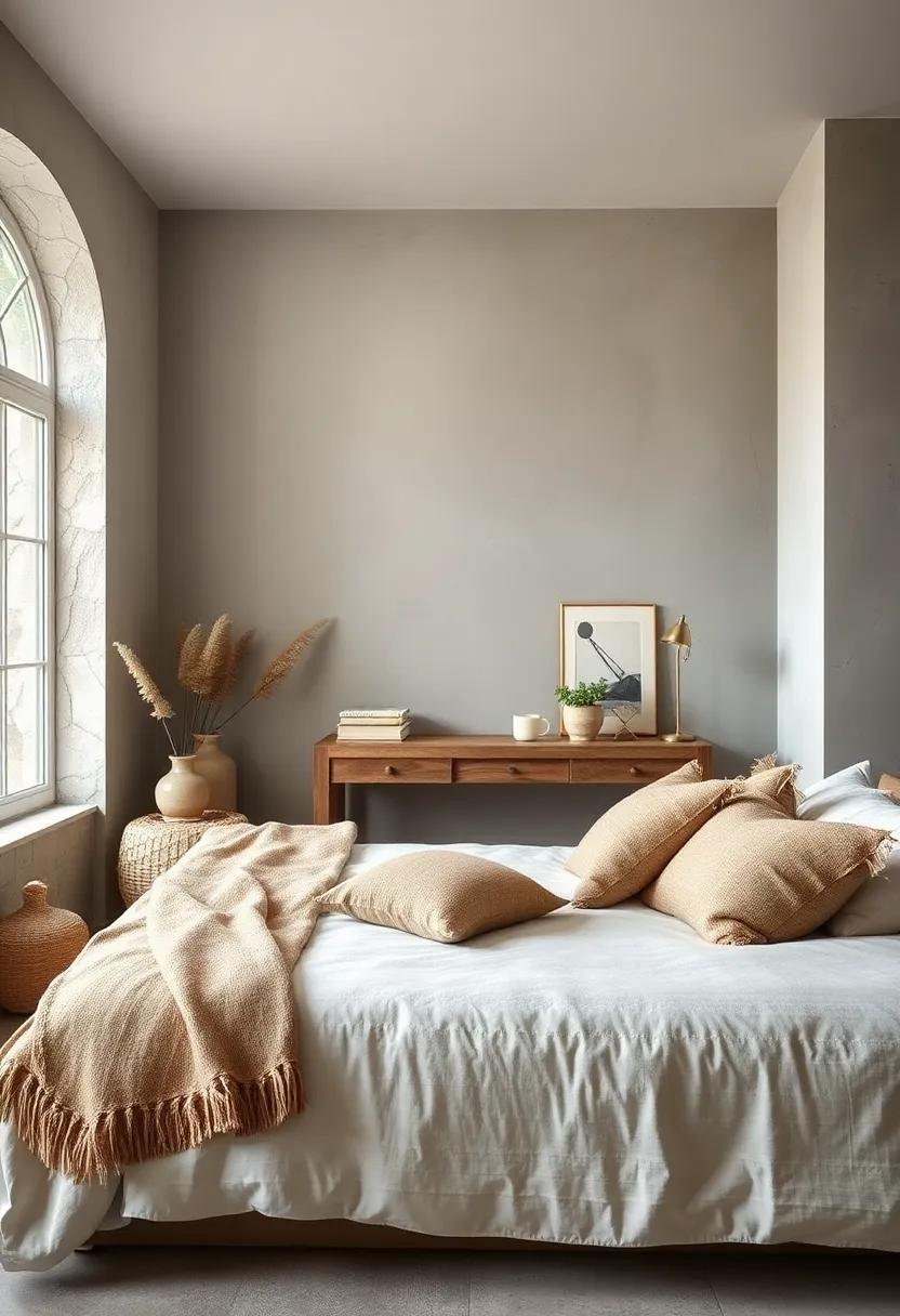 Rustic Elegance With Burlap Accent Pillows and Hand-Spun Wool Blankets Blending Into a Neutral Palette of Warm Grays