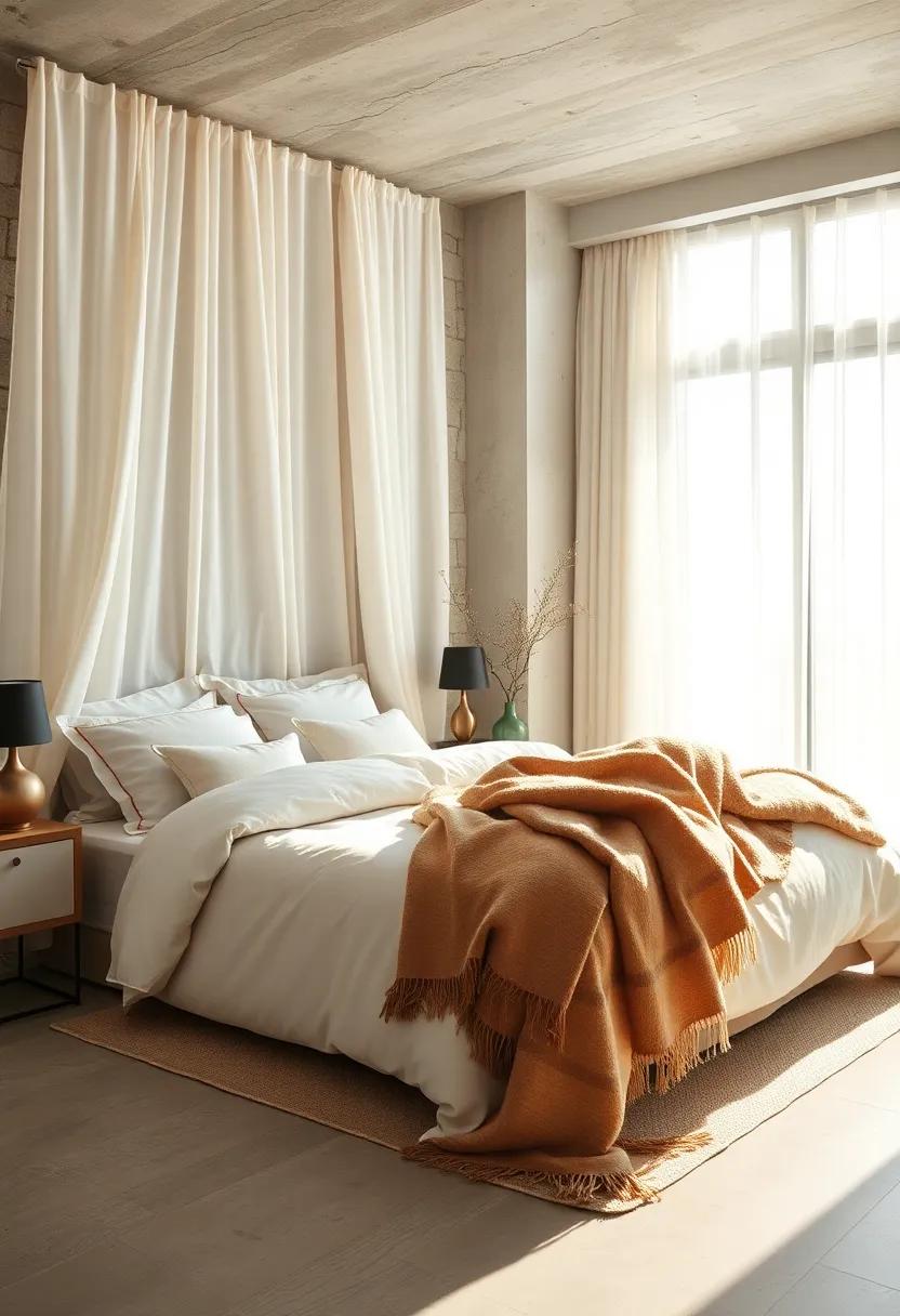 Serene Bedroom With Layered Linen Drapes and Plush Wool Throws in Neutral Tones Illuminated by Soft Natural Light