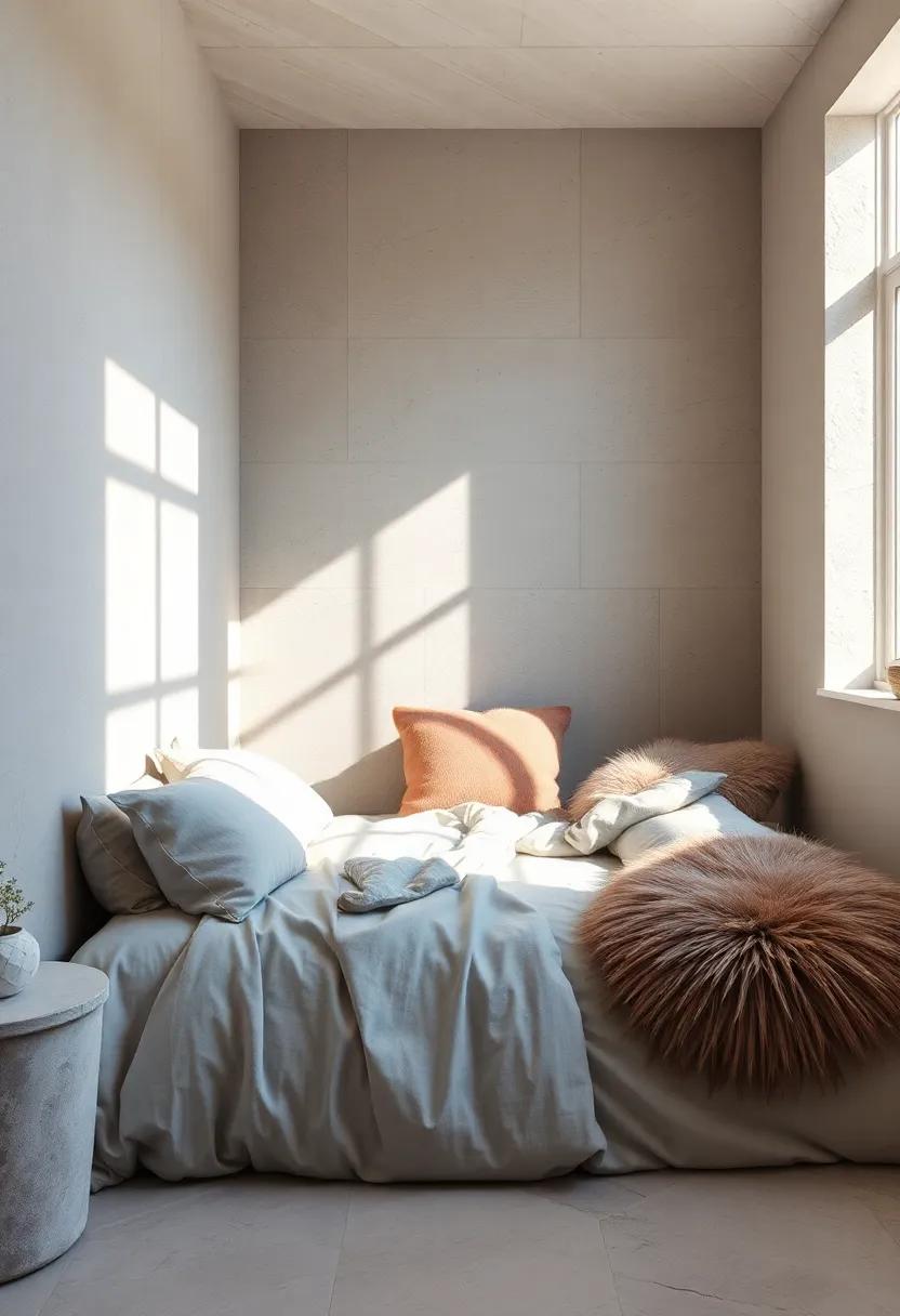 Sunlit Quiet Corner With Velvet Pillows and Faux Fur Accents Acting as a Cocoon of Gentle Softness in Muted Shades