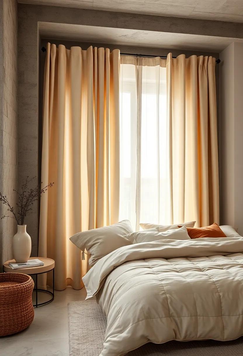 Tranquil Evening Mood Set by Draped Silk Curtains and Quilted Wool Bedding Accentuated by Muted Sand and Cream Colors