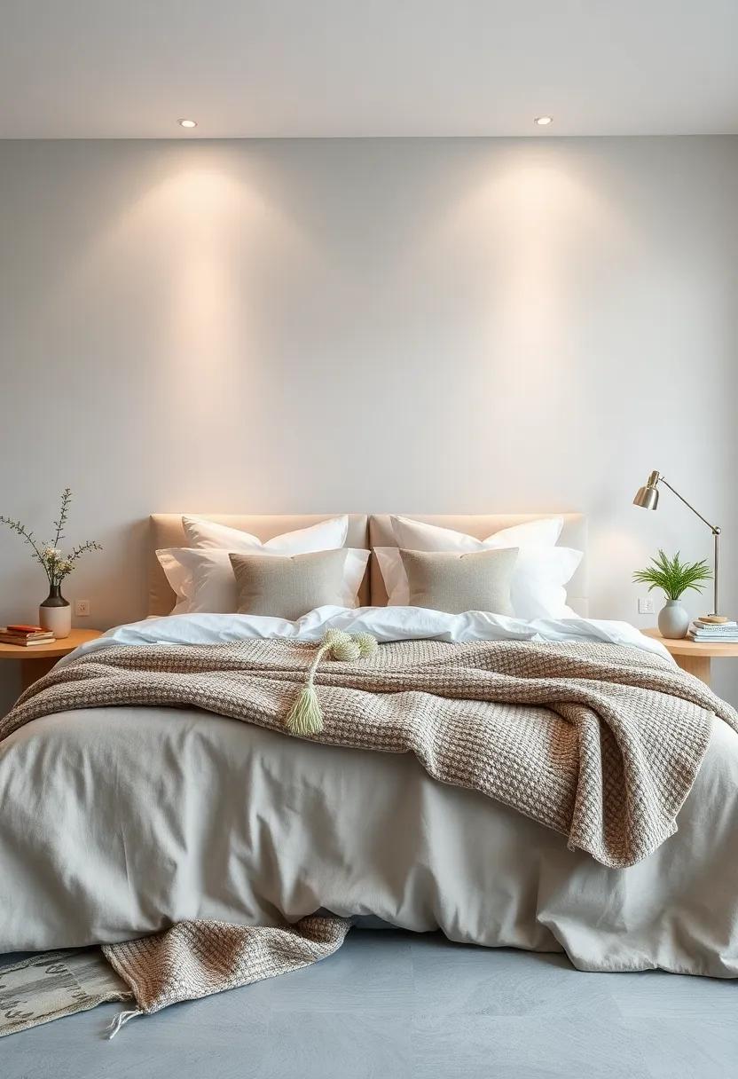 Warm Ambient Lighting Over a Bed Draped With Soft Chenille Throws and Loose Linen Pillowcases in Taupe and Stone Tones